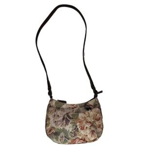 Vintage Fossil Floral Tapestry Canvas Brown Leather Shoulder Bag Romantic